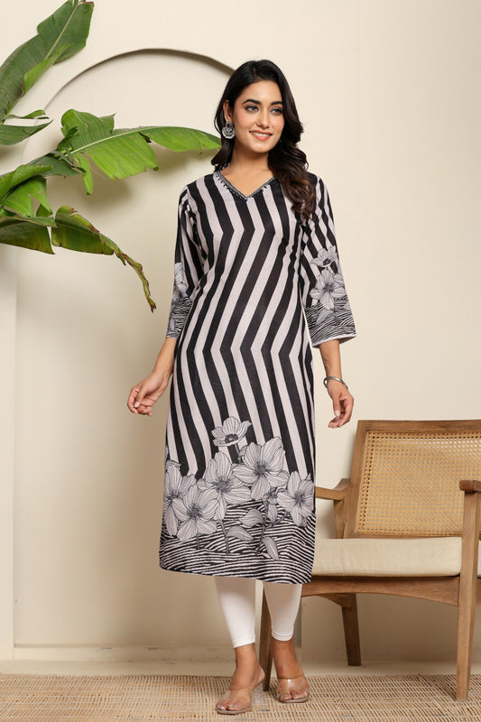 Cotton Stripe Flora Daman Kurta