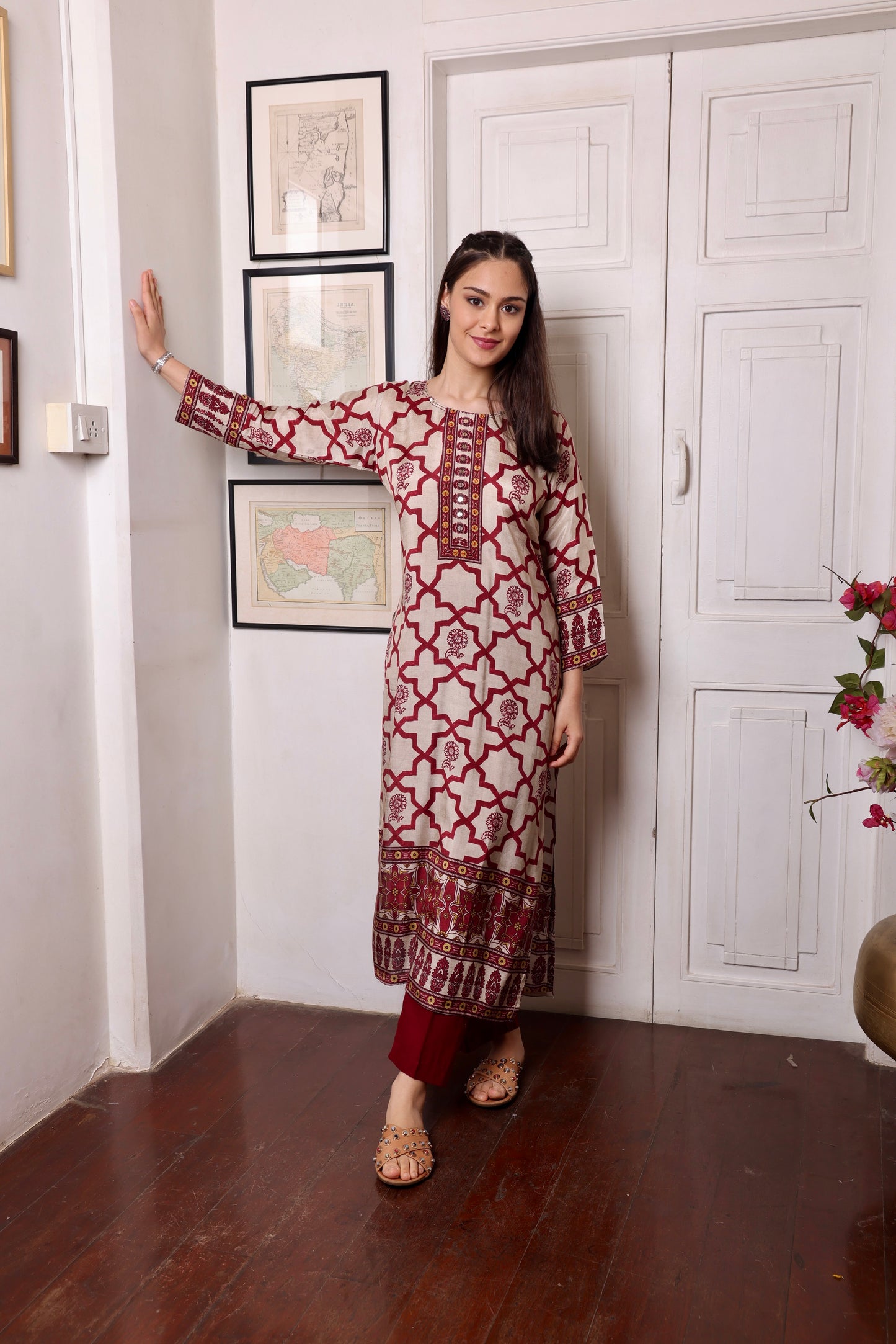 Beige Maroon Muslin Beaded Long Kurta