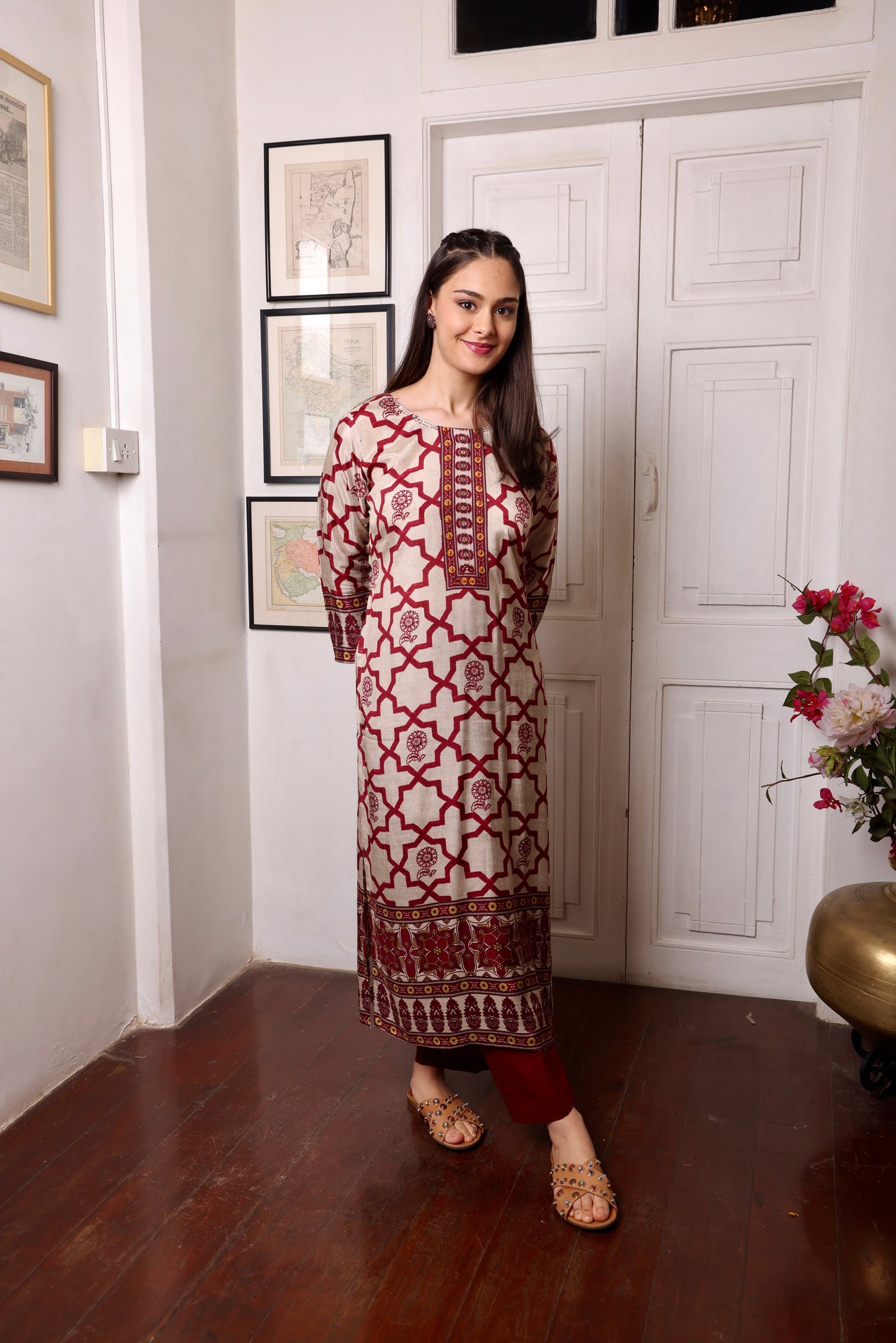 Beige Maroon Muslin Beaded Long Kurta
