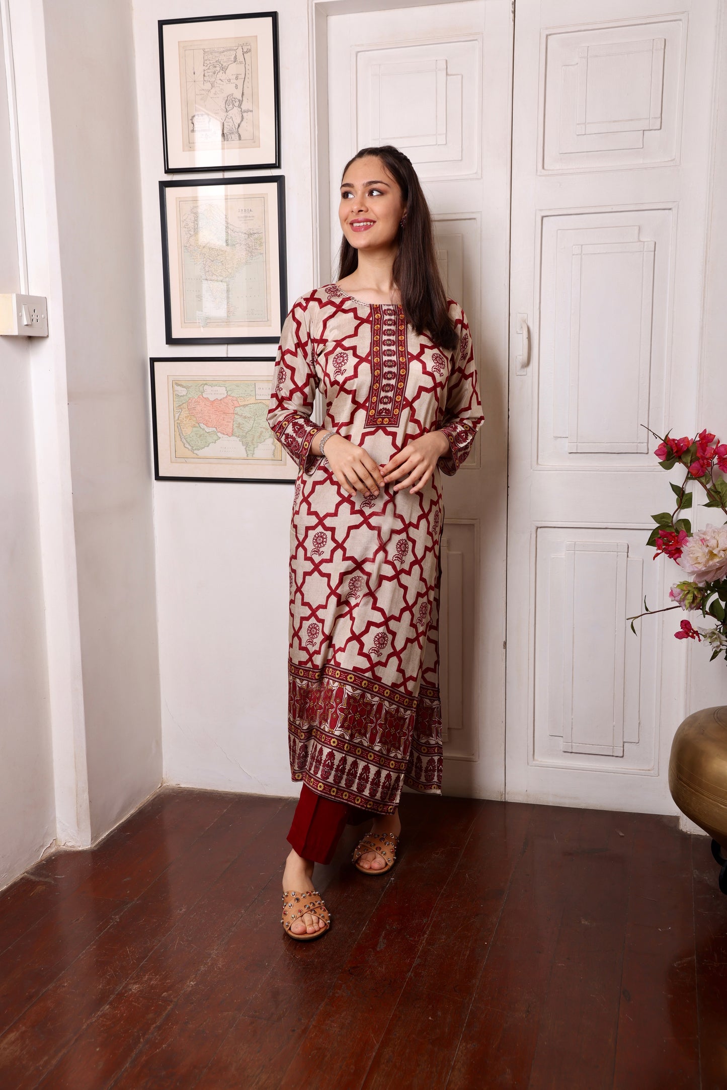 Beige Maroon Muslin Beaded Long Kurta