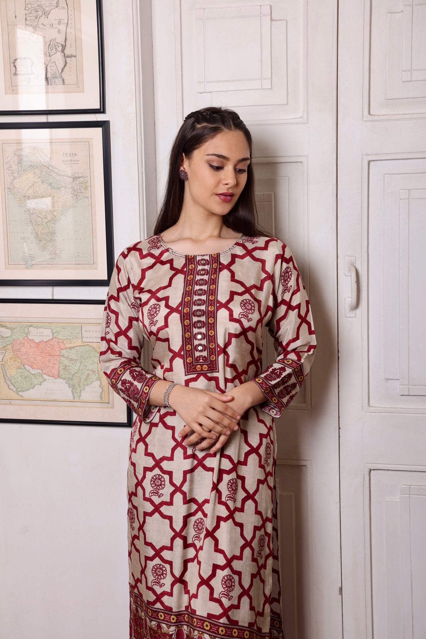 Beige Maroon Muslin Beaded Long Kurta