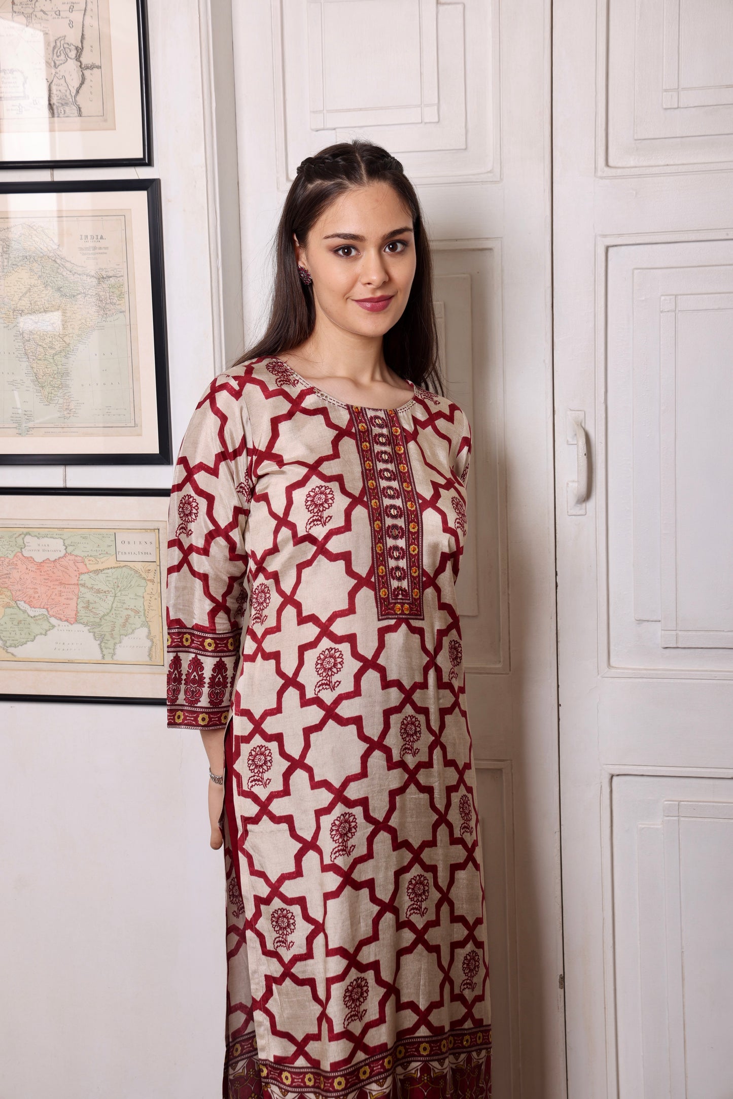 Beige Maroon Muslin Beaded Long Kurta