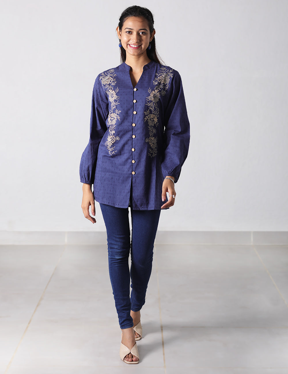 Blue Cotton Embroidered Short Kurti