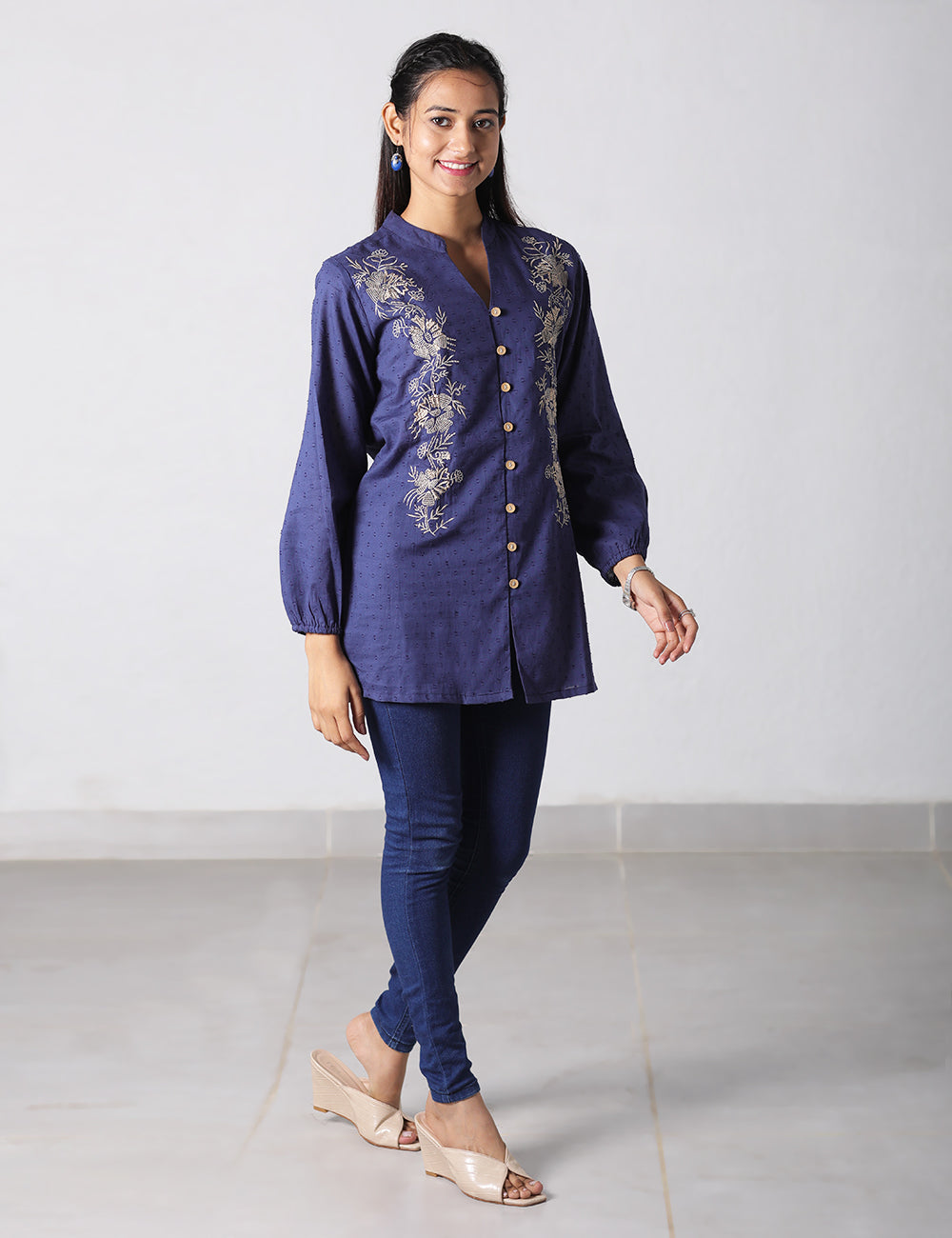 Blue Cotton Embroidered Short Kurti