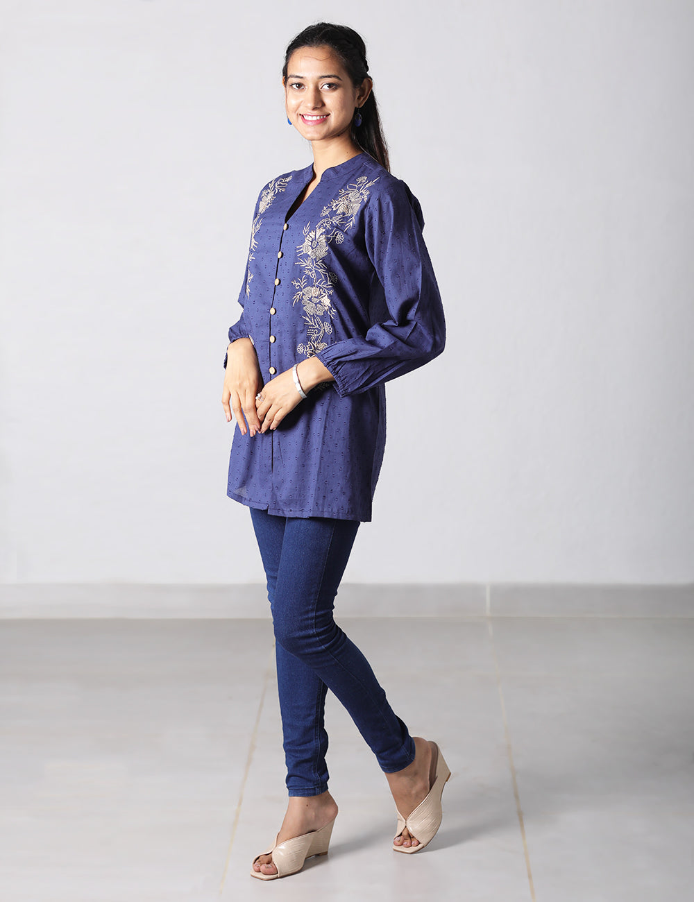 Blue Cotton Embroidered Short Kurti