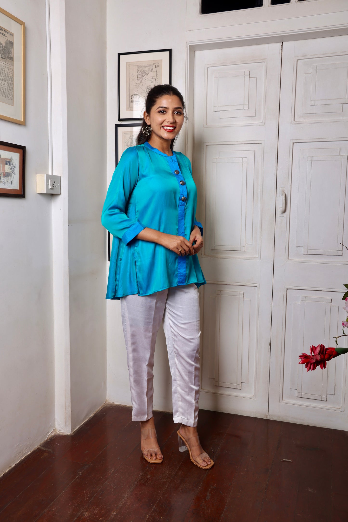 Blue Green Silk Short Kurti