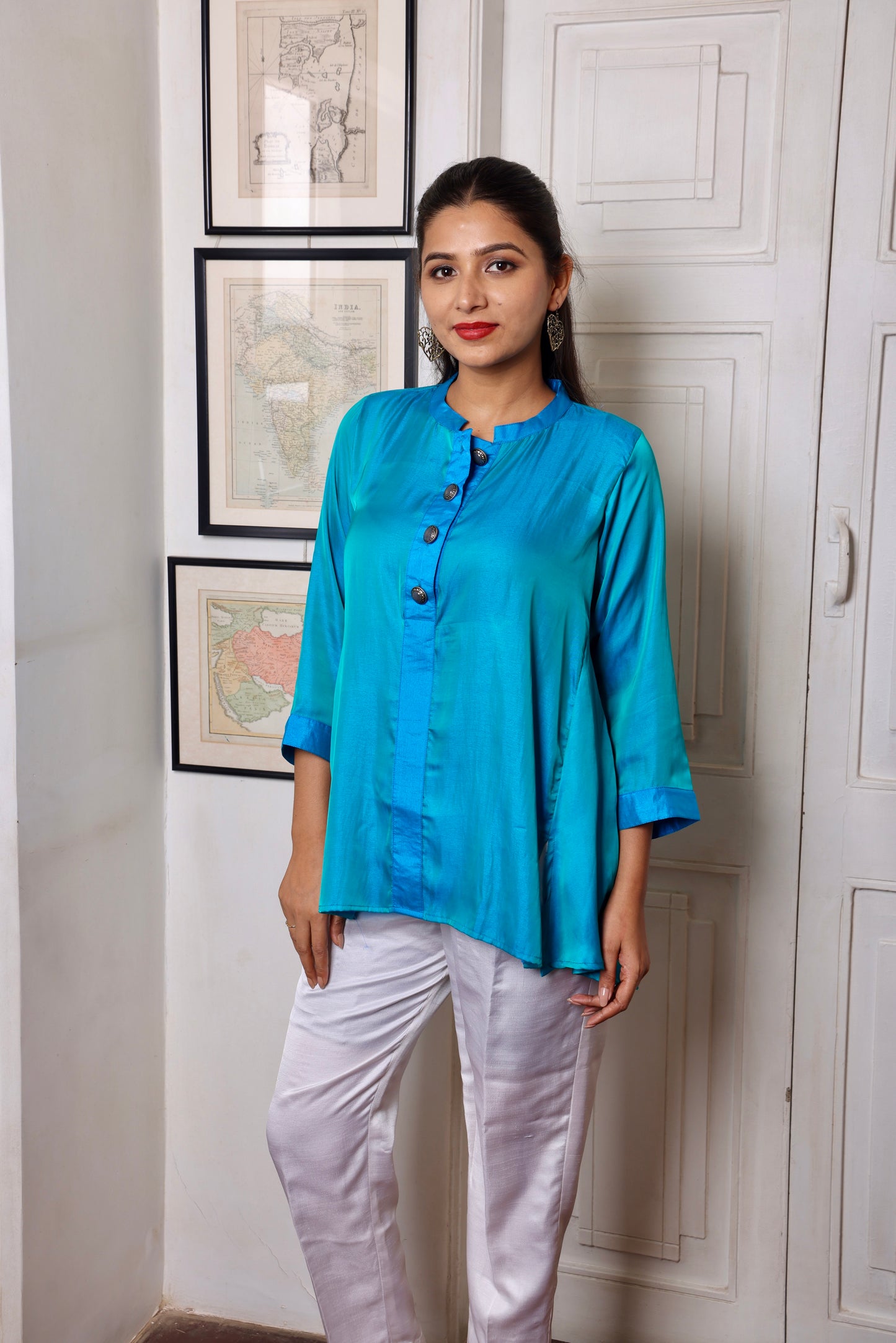 Blue Green Silk Short Kurti