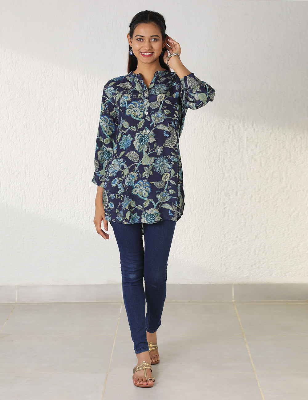 Blue Kalamkari Printed Short Kurti