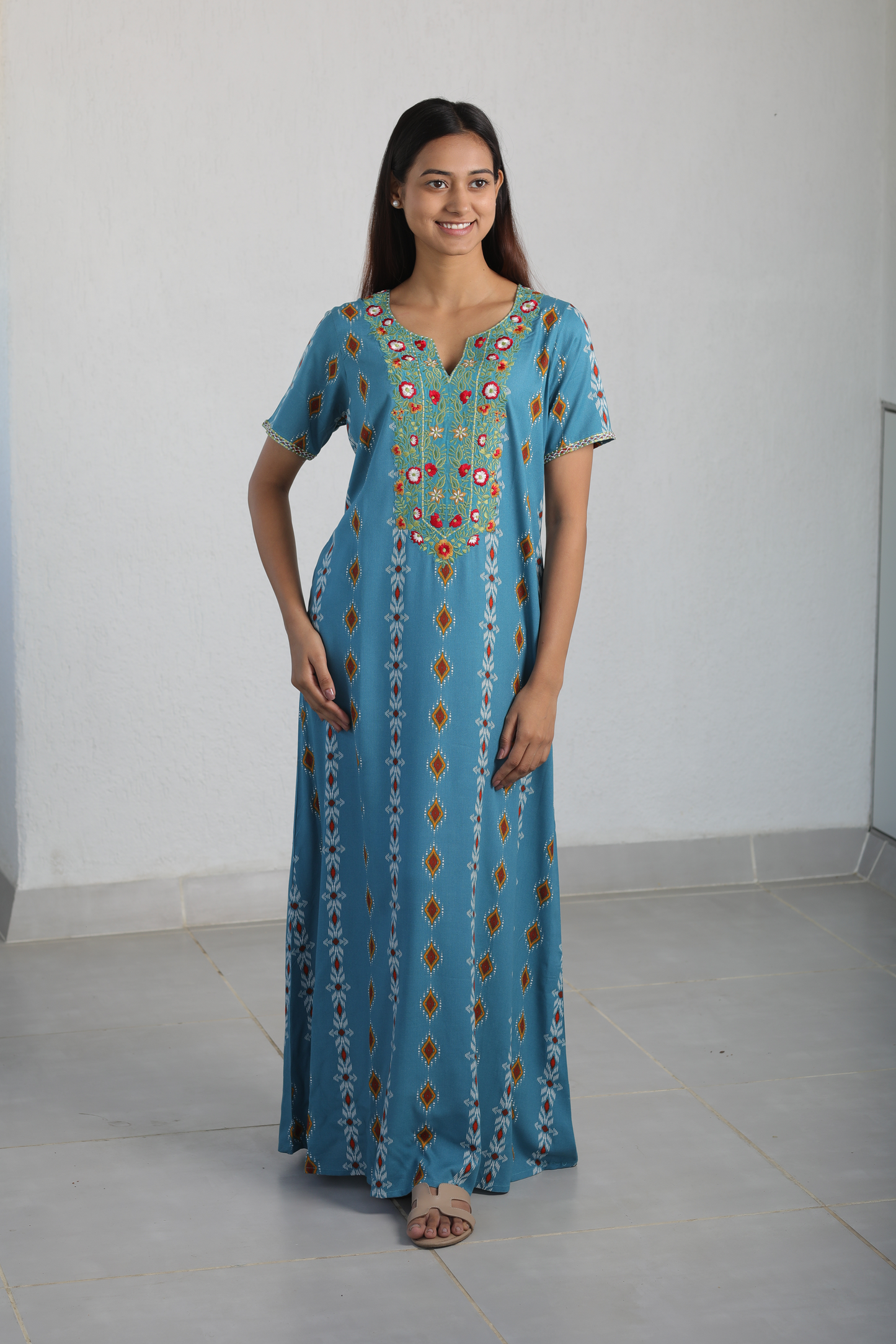 Blue Rayon Embroidered Kaftan