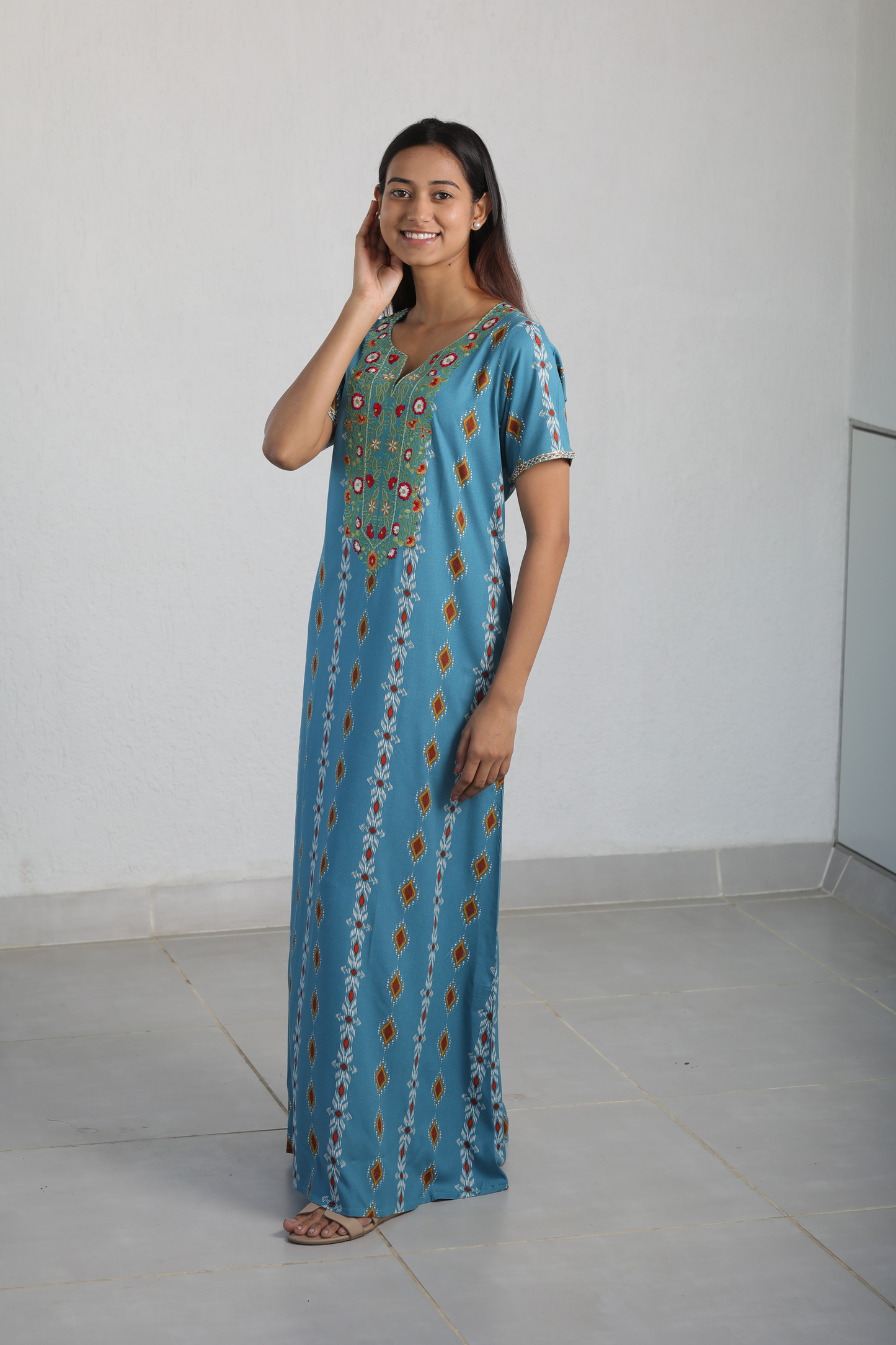 Blue Rayon Embroidered Kaftan