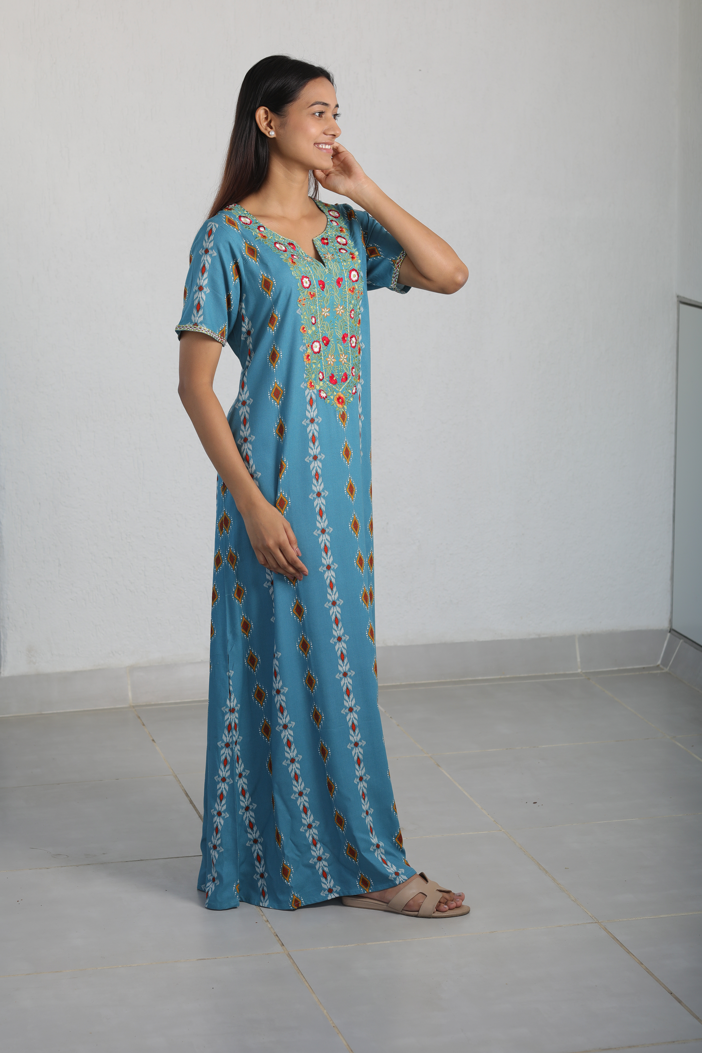 Blue Rayon Embroidered Kaftan