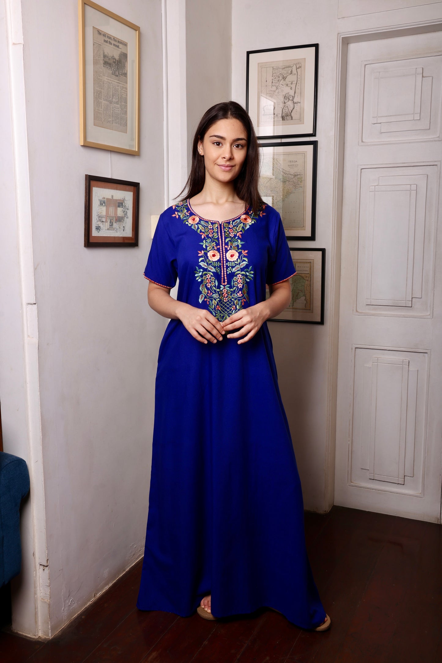Cobalt Blue Embroidered Yoke Kaftan