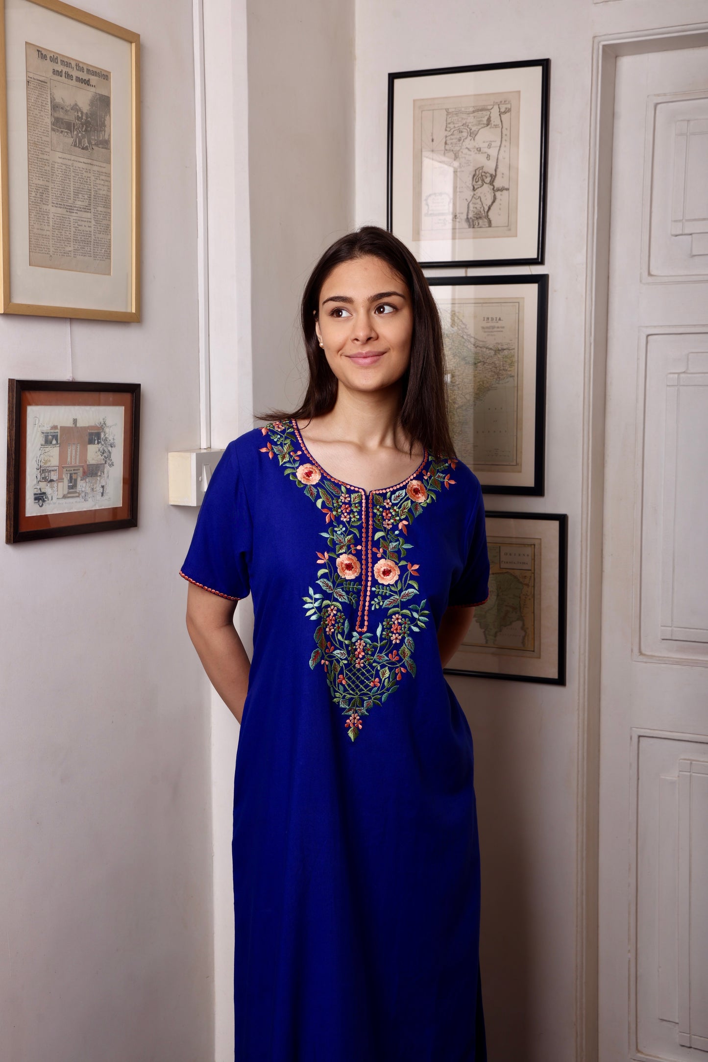 Cobalt Blue Embroidered Yoke Kaftan