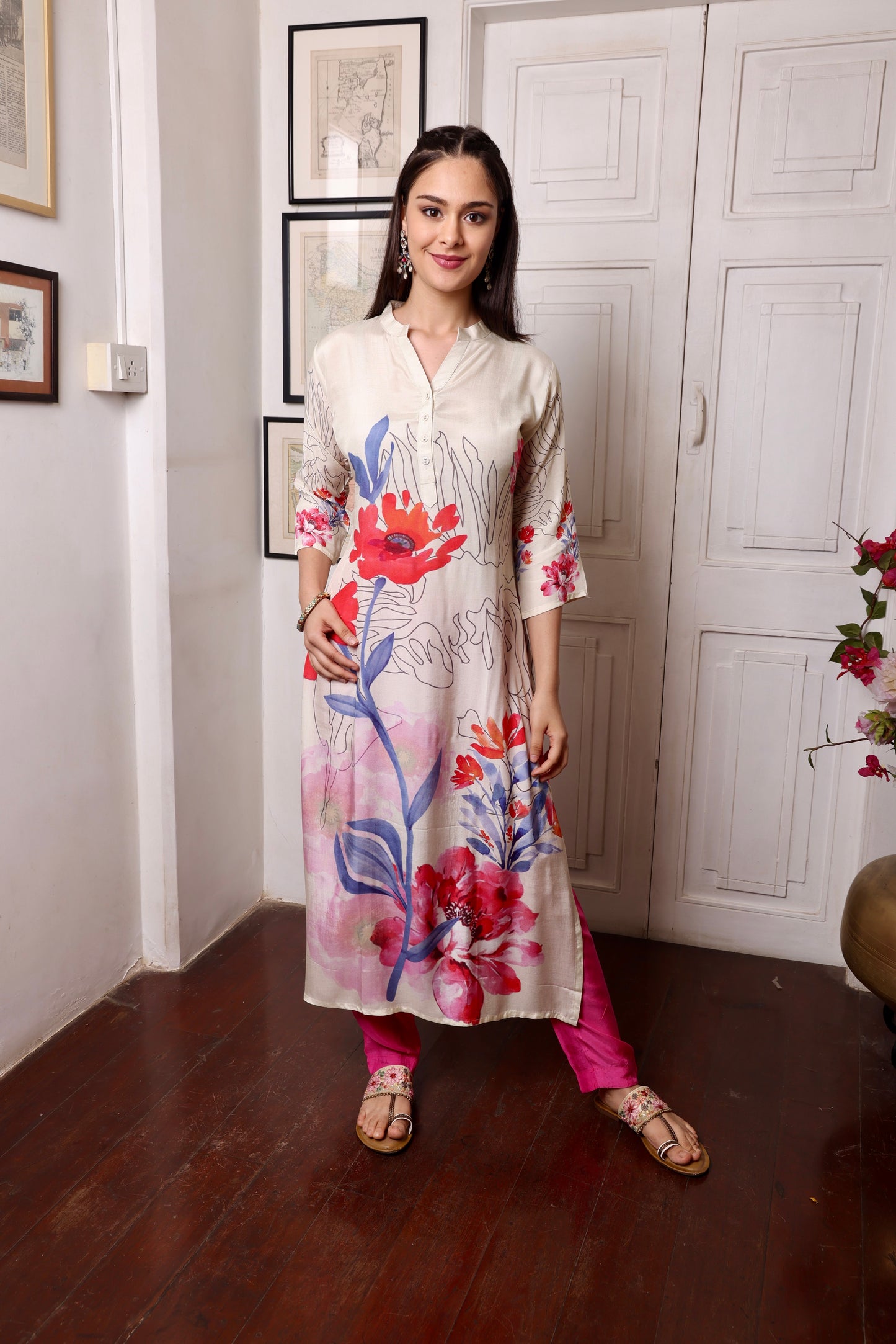 Cream Muslin Digital Printed Long Kurta