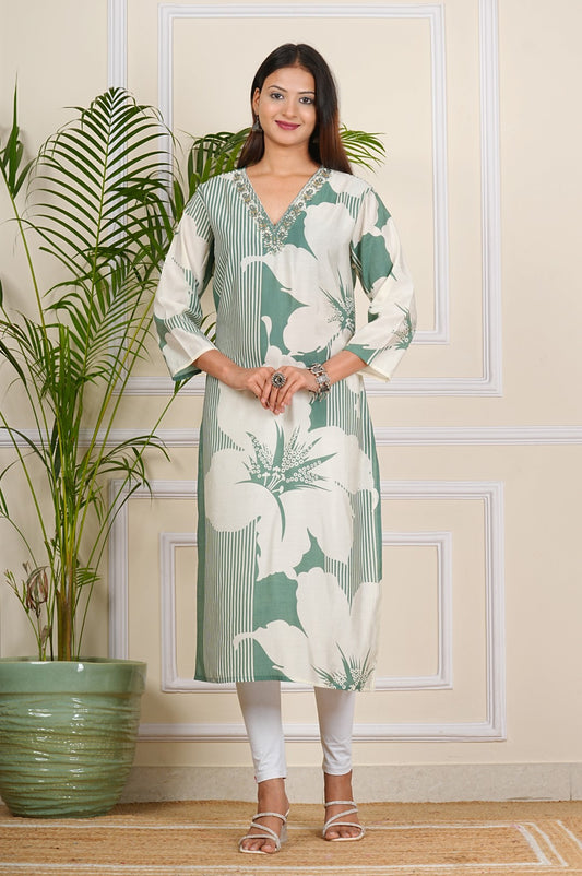 V EMB Neck Cotton Kurta