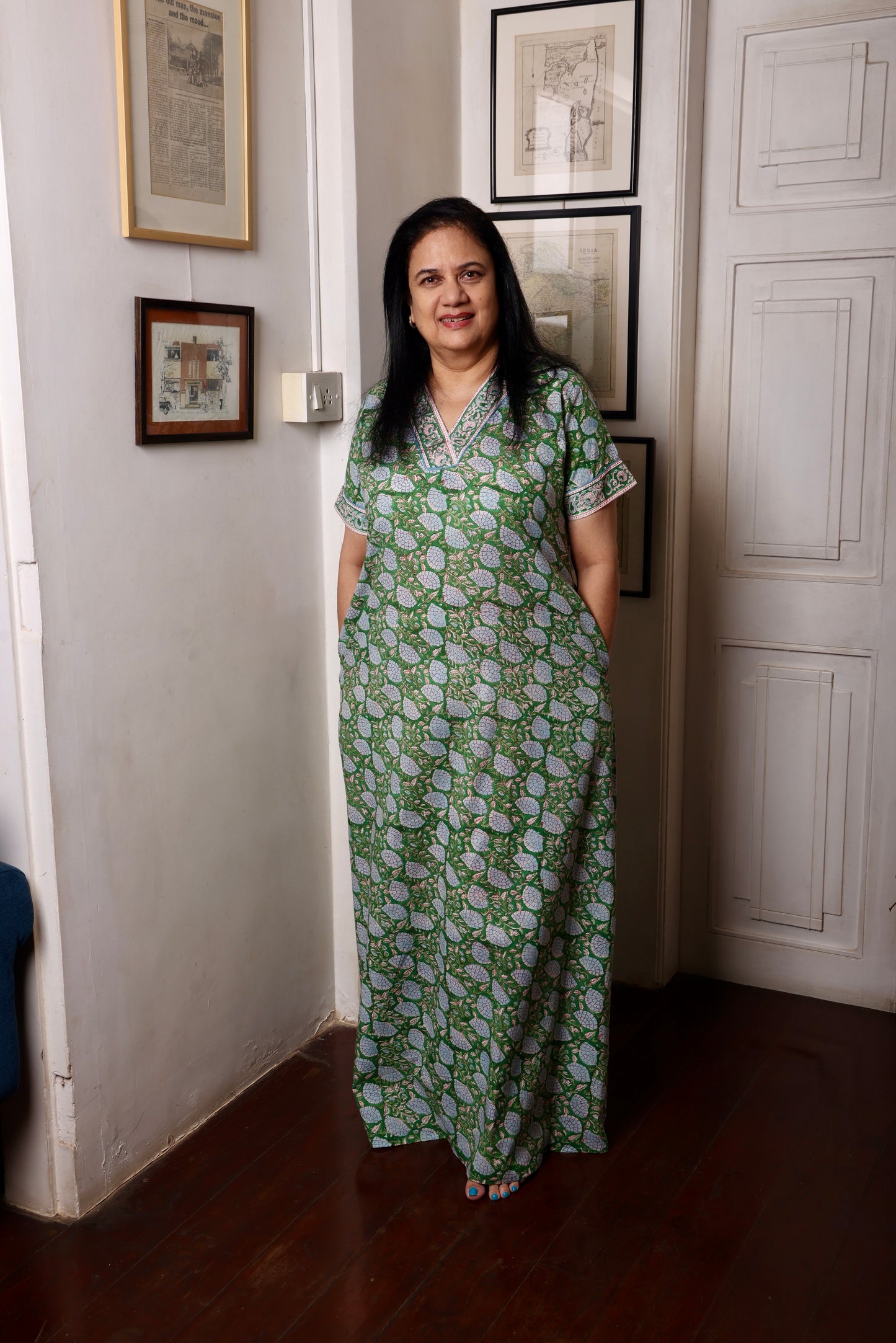 Green Cotton Printed Kaftan