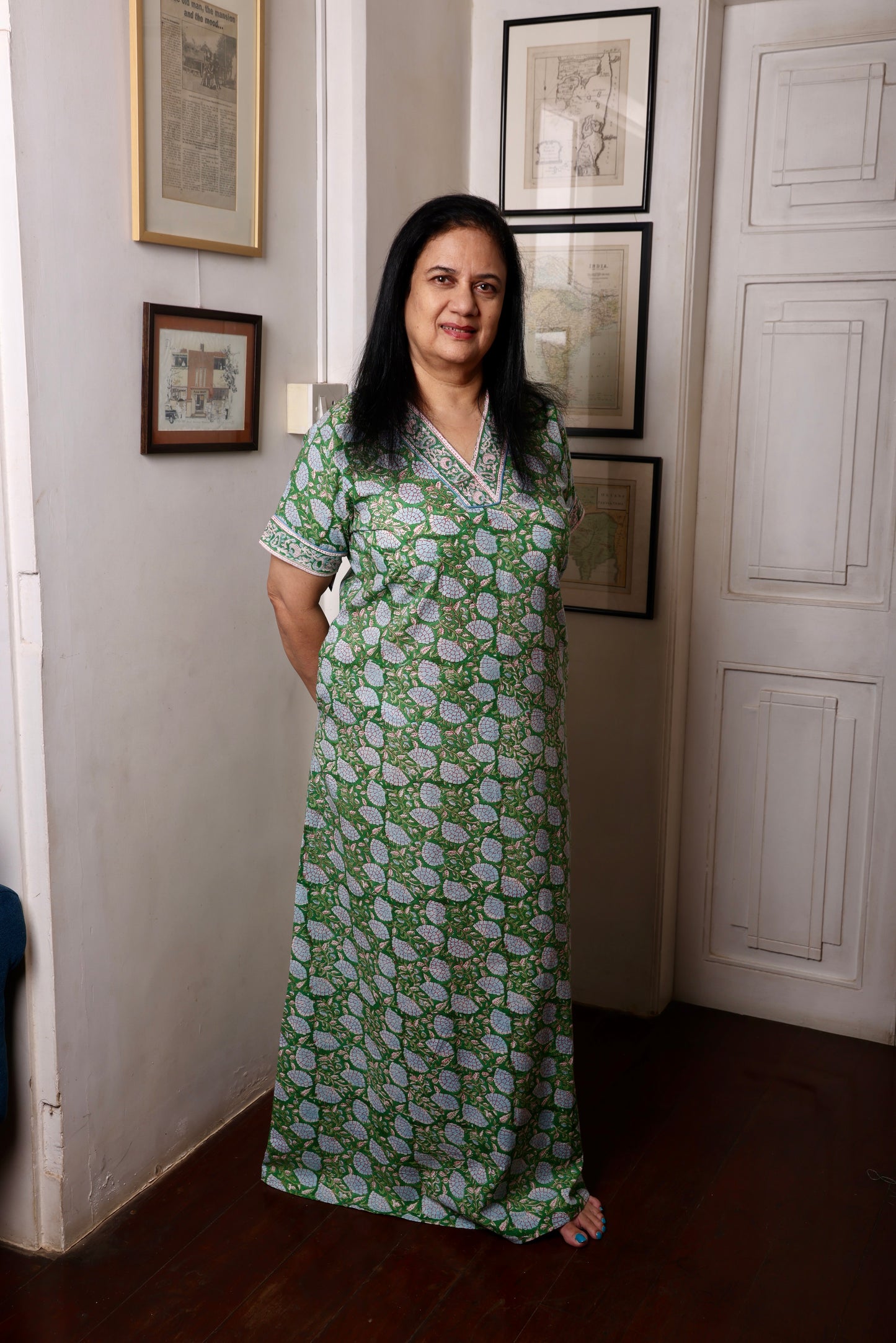 Green Cotton Printed Kaftan