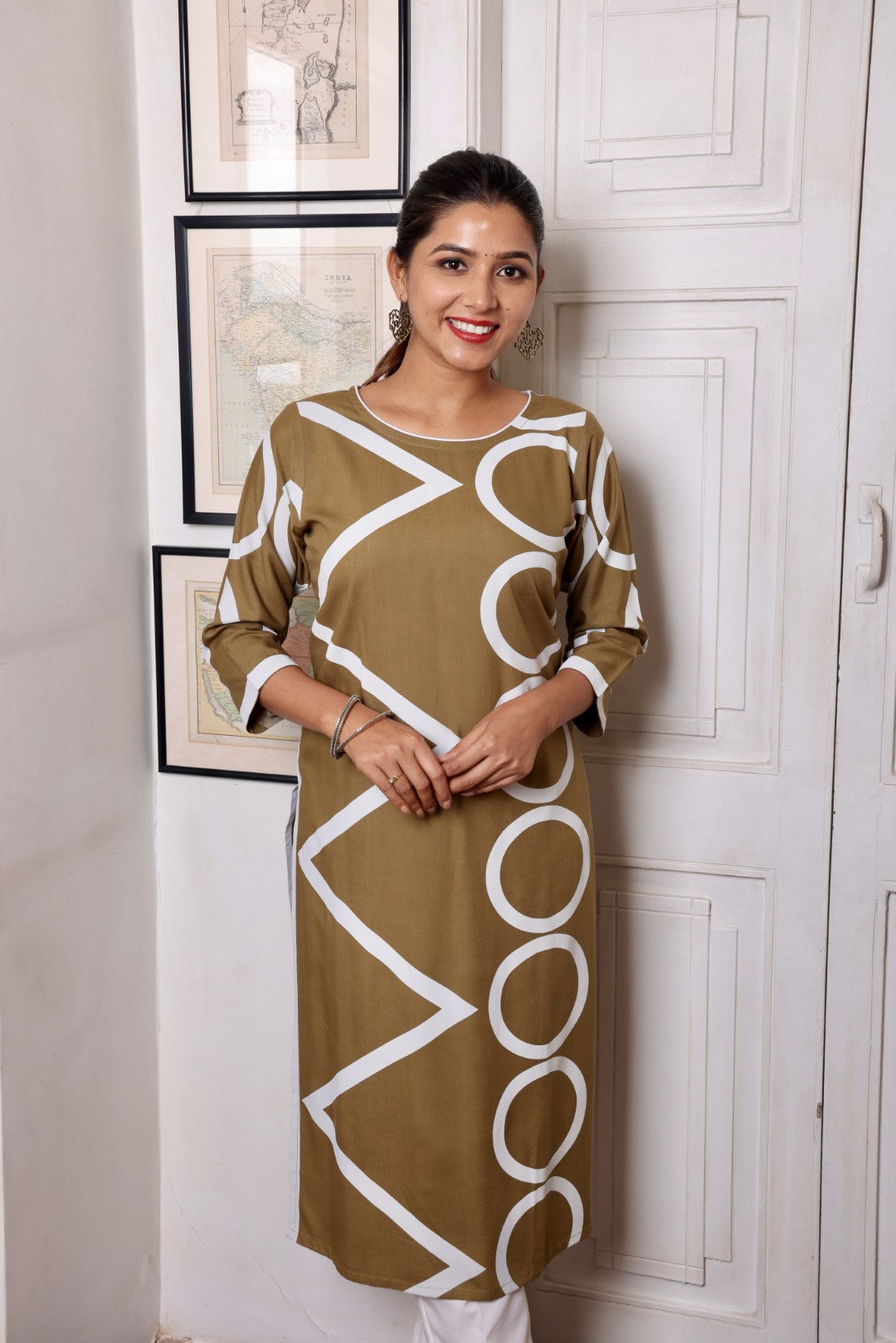 Green Geometric Rayon Printed Long Kurta