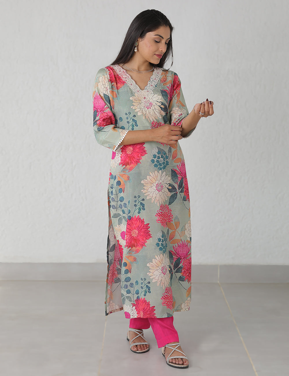 Green Pink Pearl Long Kurta