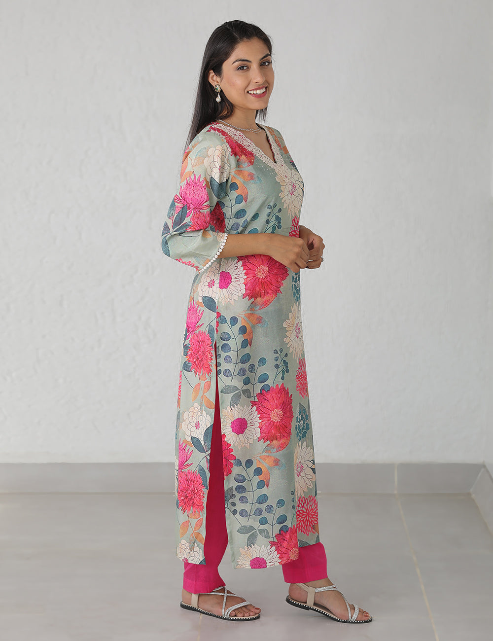 Green Pink Pearl Long Kurta