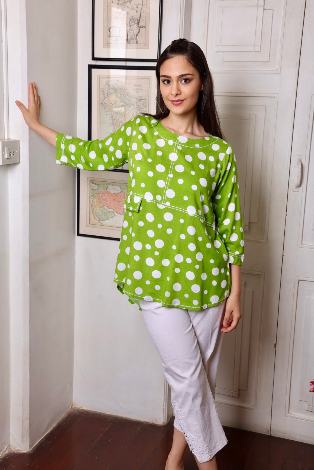 Green White Polka Dot Short Kurti