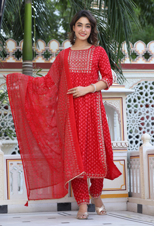 Red Rayon Ethnic Suit Set