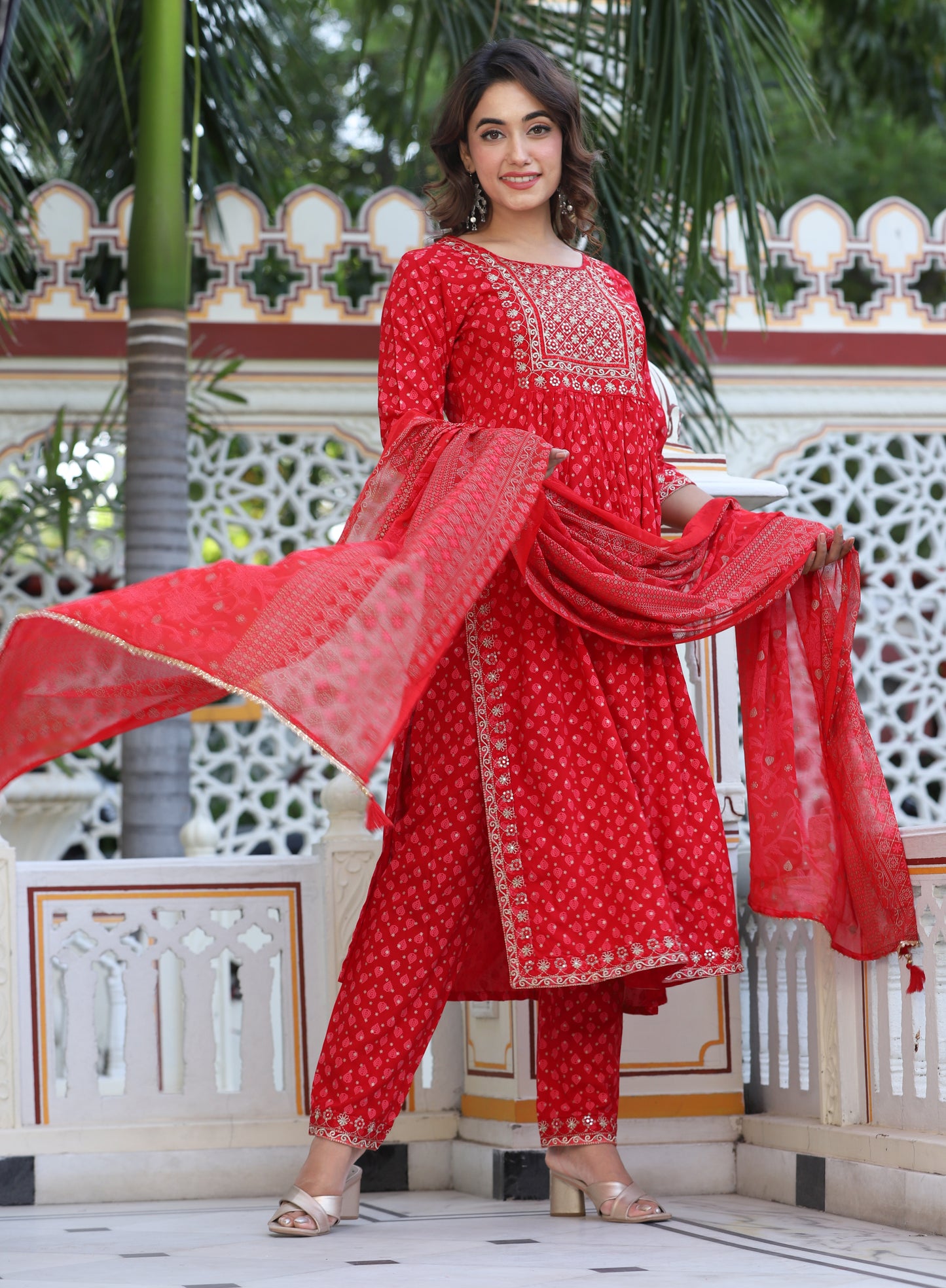 Red Rayon Ethnic Suit Set