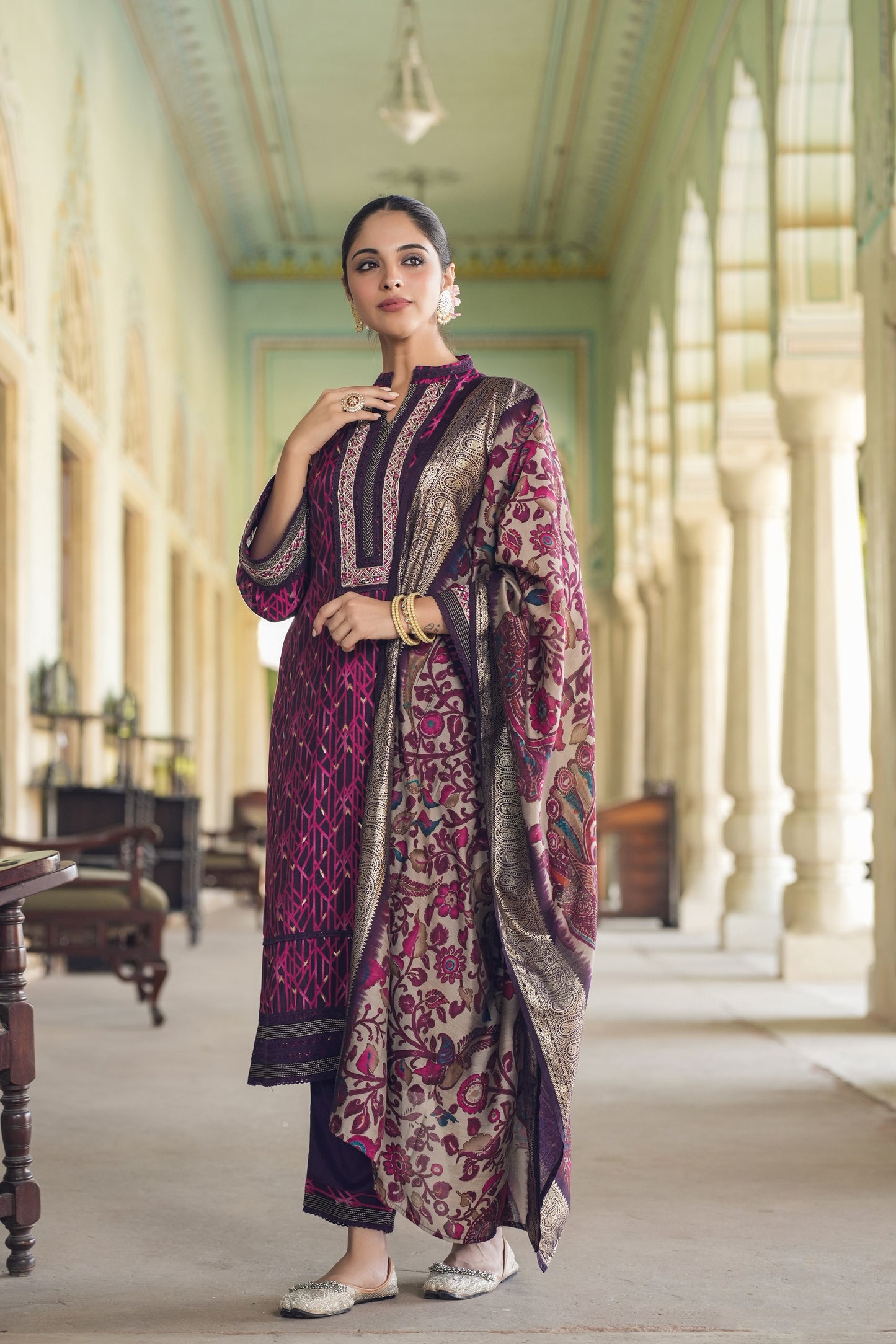 Magenta Muslin Ethnic Suit Set