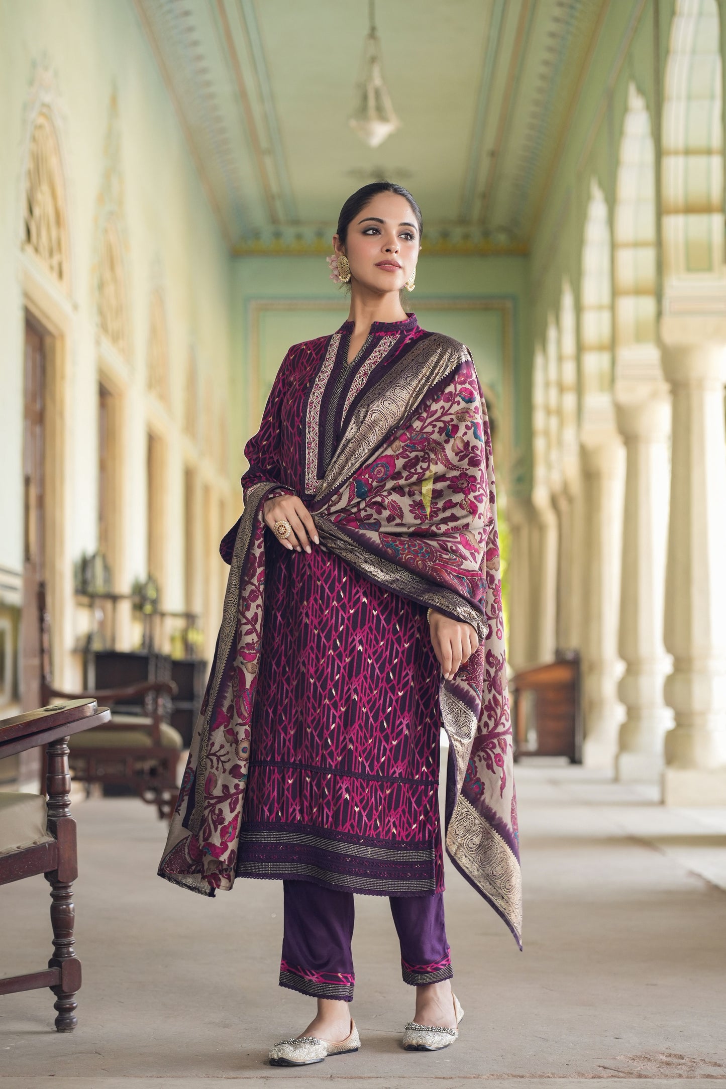 Magenta Muslin Ethnic Suit Set