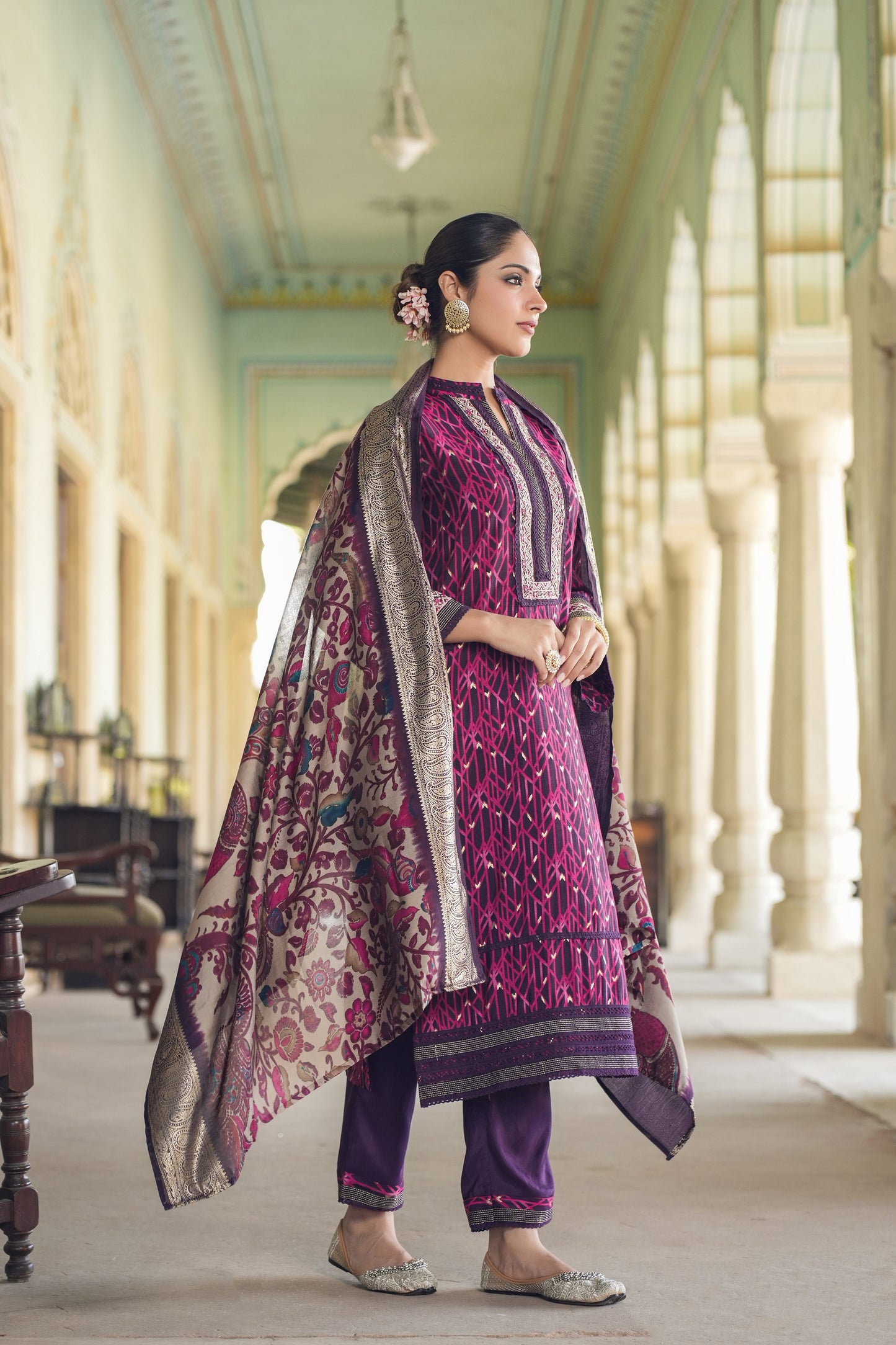 Magenta Muslin Ethnic Suit Set