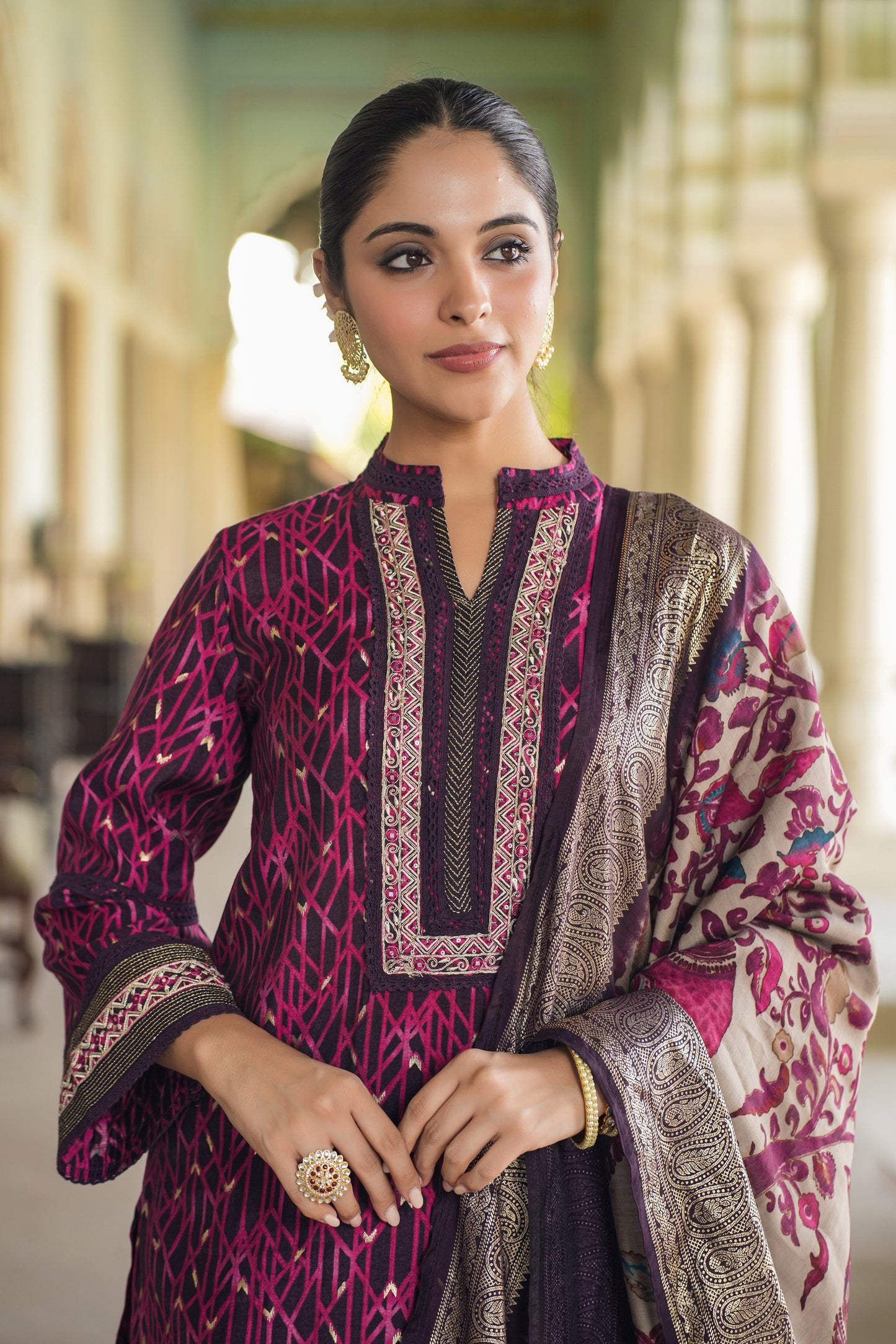 Magenta Muslin Ethnic Suit Set