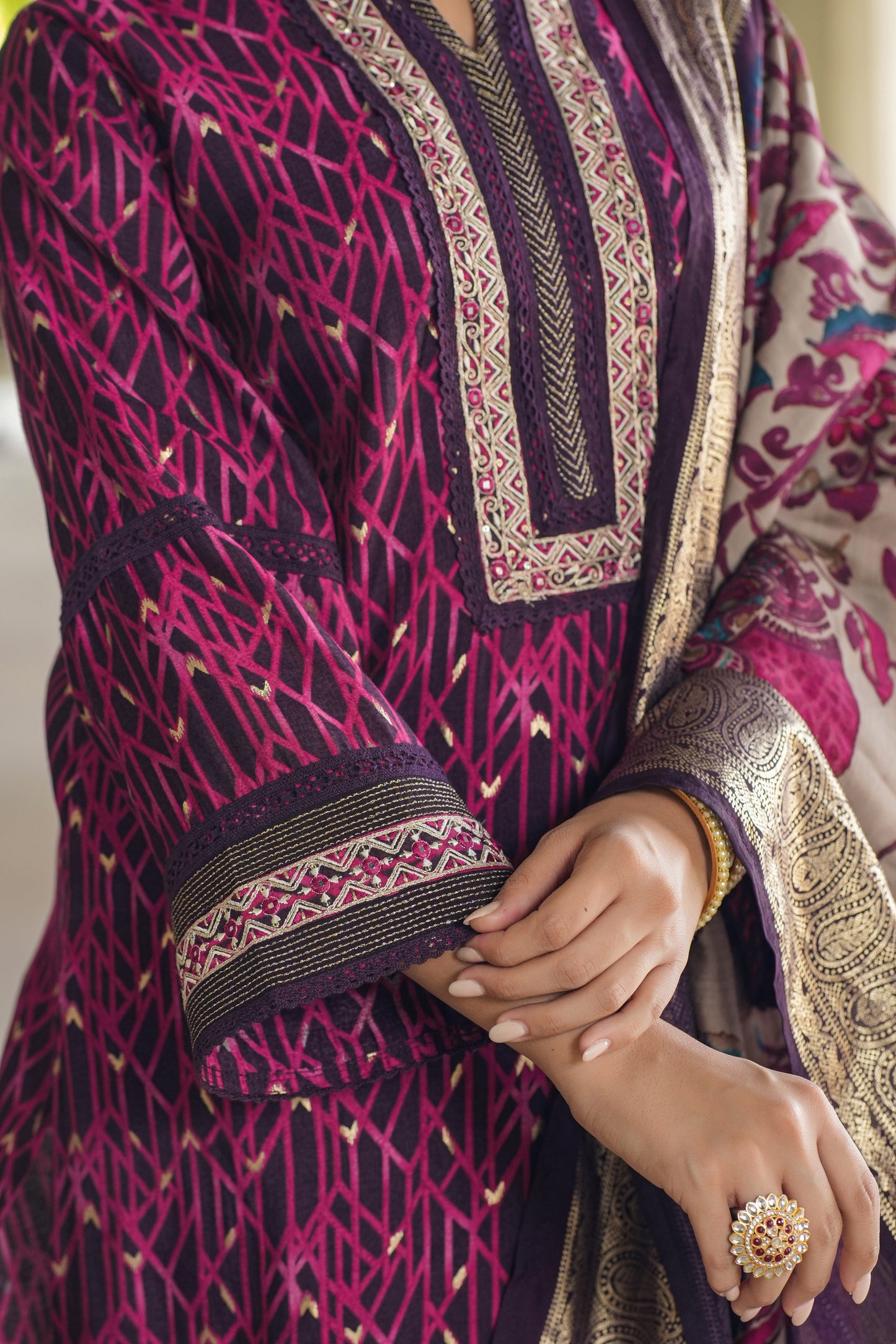 Magenta Muslin Ethnic Suit Set