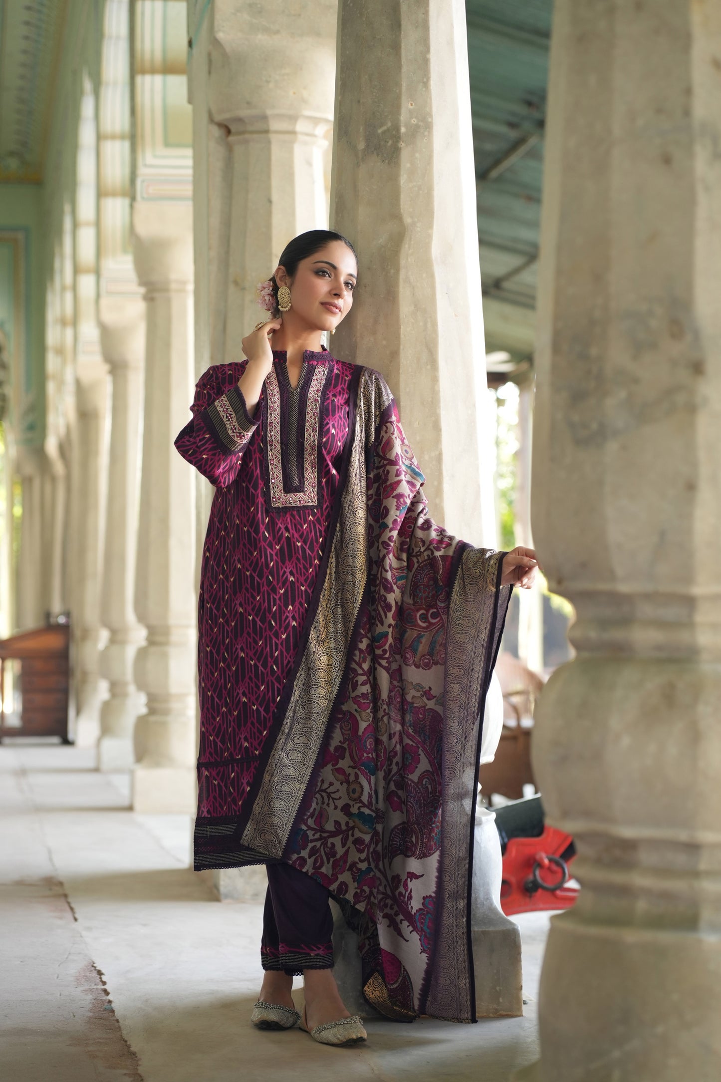 Magenta Muslin Ethnic Suit Set