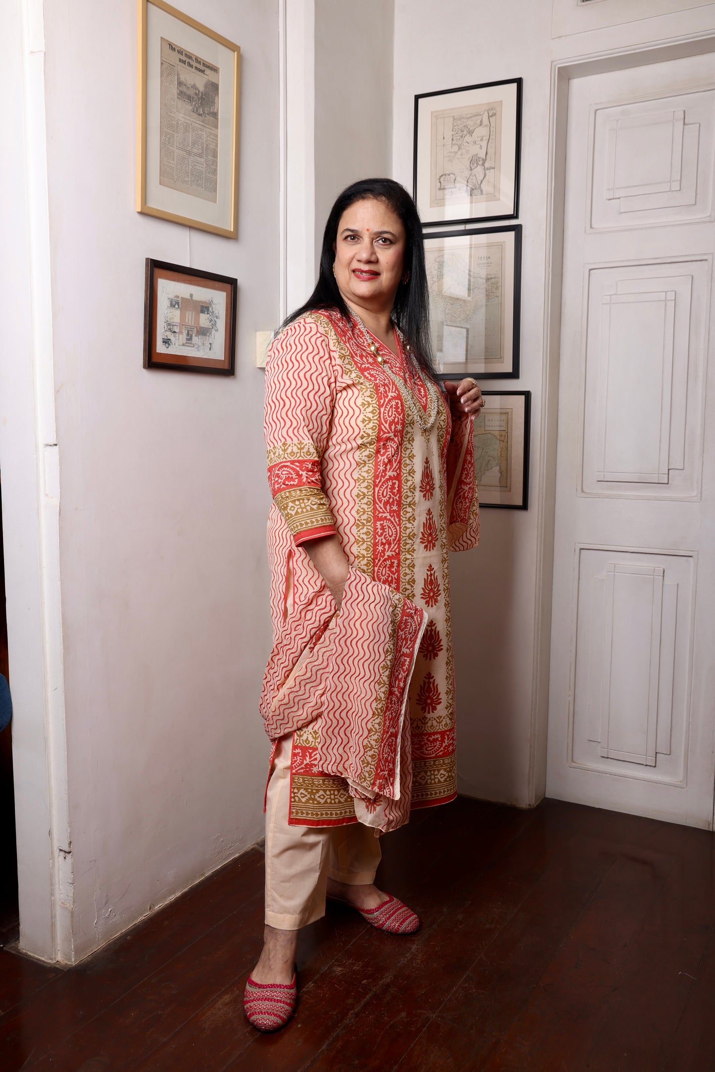 Beige and Orange Block Printed Ethnic Suit