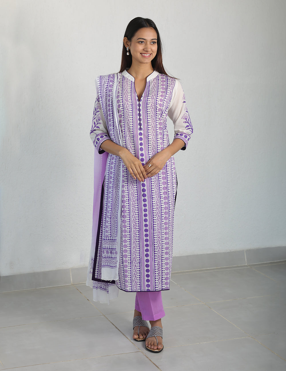 Mauve White Block Printed Ethnic Suit