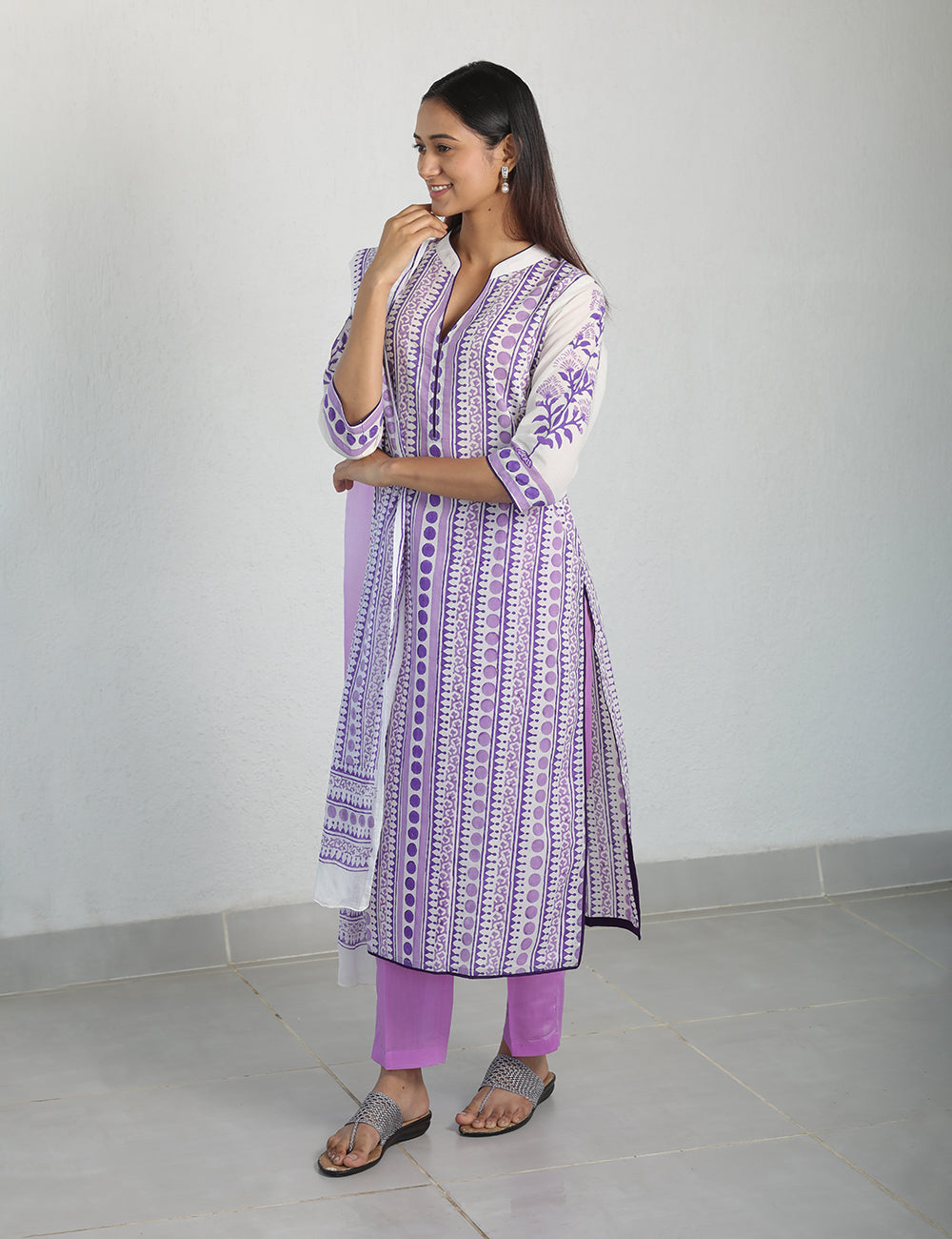 Mauve White Block Printed Ethnic Suit