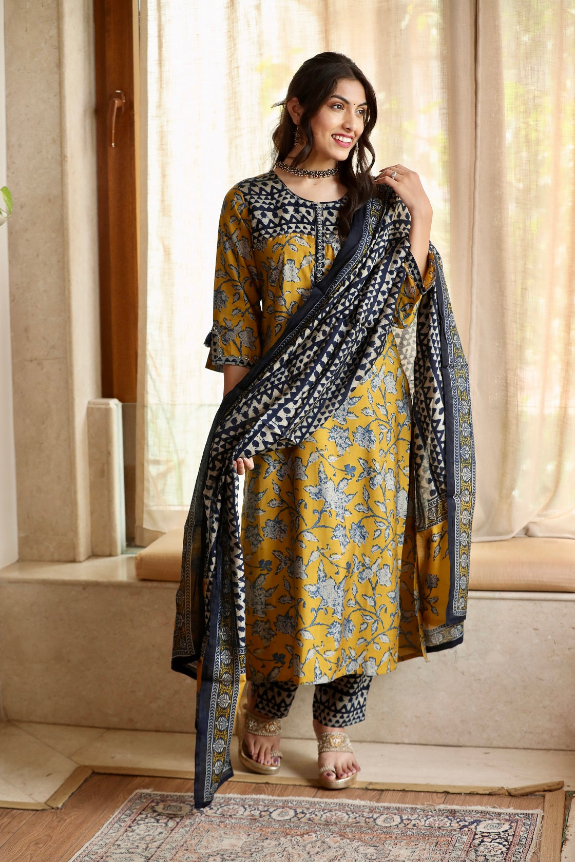Muslin Ochre Navy Ethnic Suit