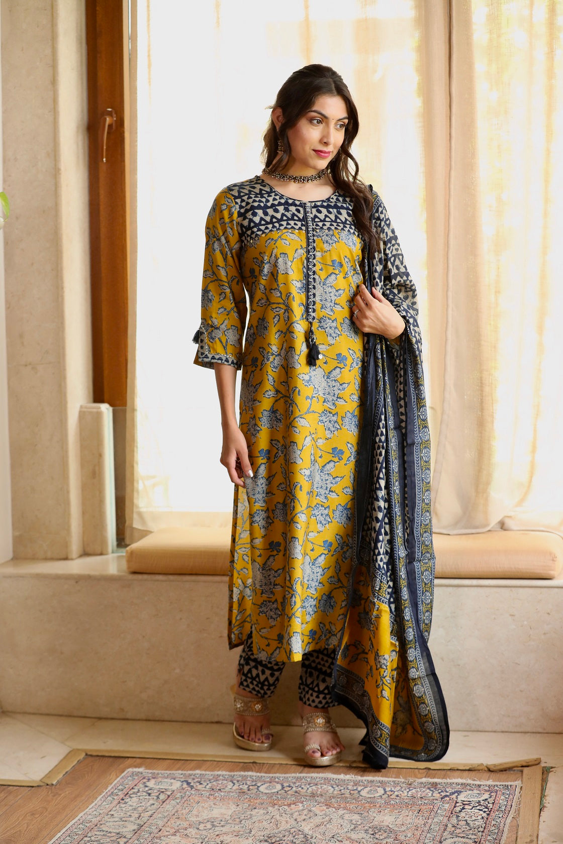 Muslin Ochre Navy Ethnic Suit