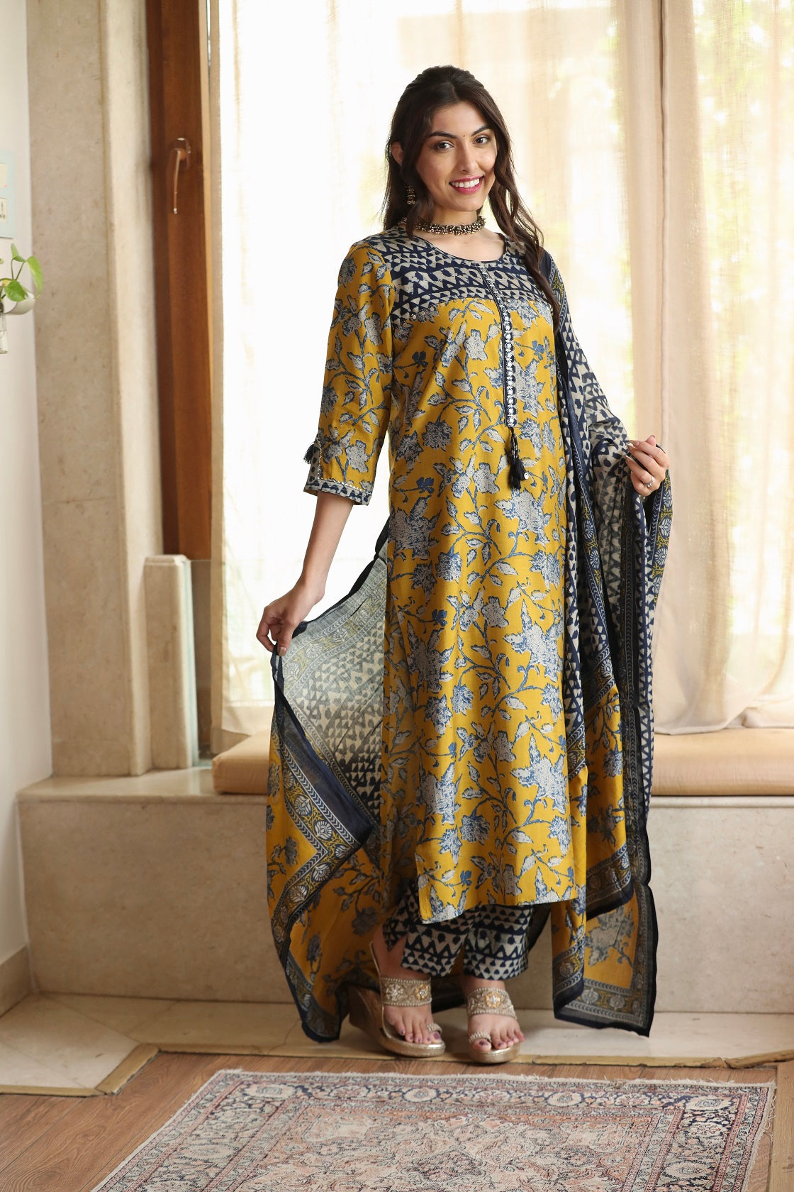 Muslin Ochre Navy Ethnic Suit