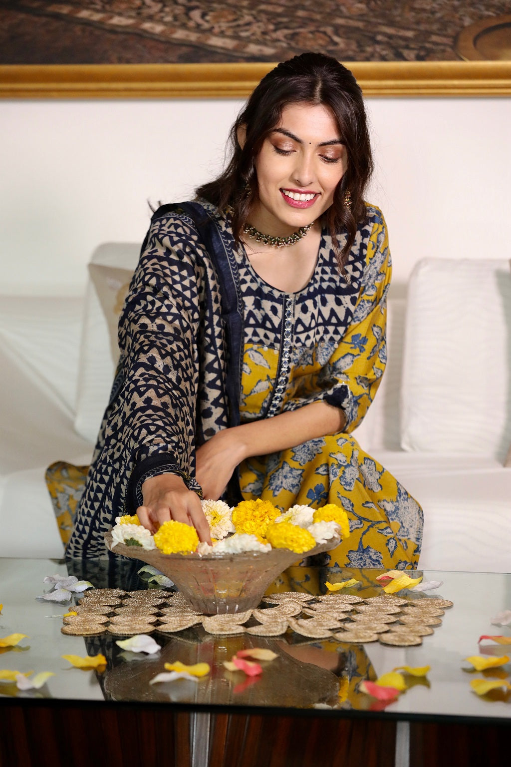 Muslin Ochre Navy Ethnic Suit