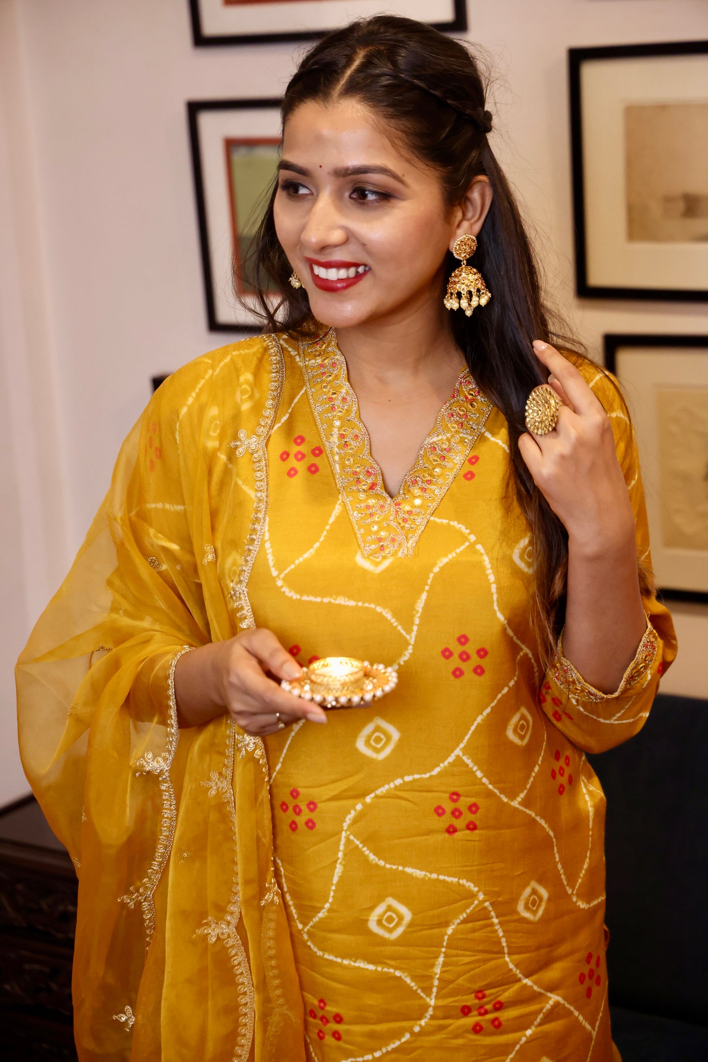 Mustard Bandhani Ethnic Suit