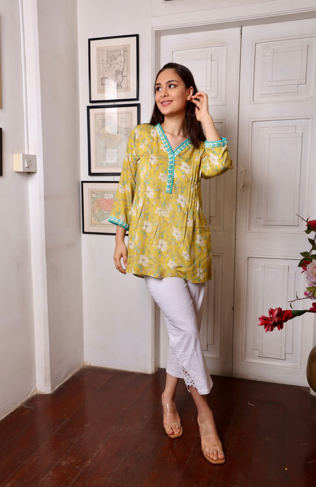 Mustard Lace Leaf Embroidered Short Kurti