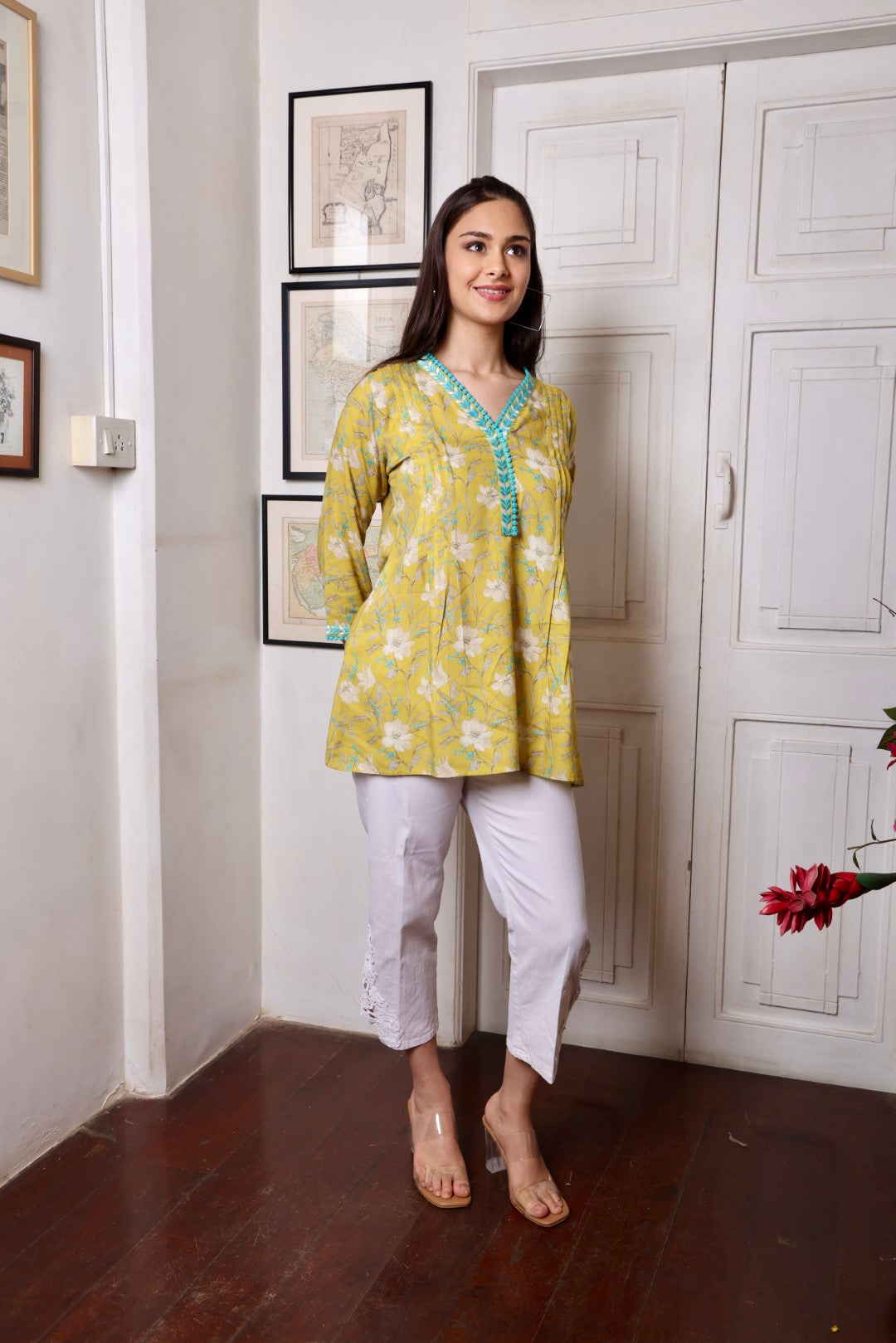 Mustard Lace Leaf Embroidered Short Kurti
