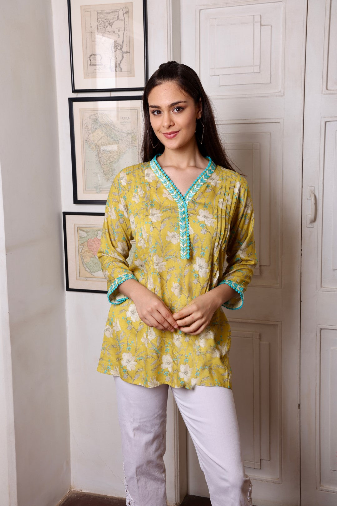 Mustard Lace Leaf Embroidered Short Kurti