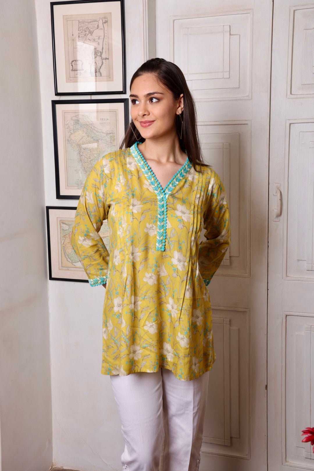 Mustard Lace Leaf Embroidered Short Kurti