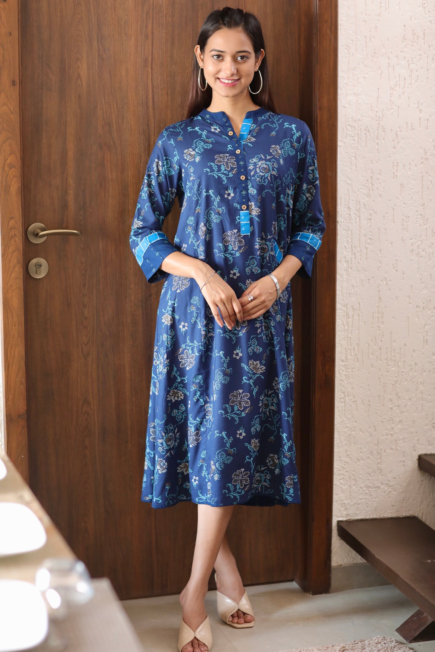 Navy Blue Rayon Printed Dress