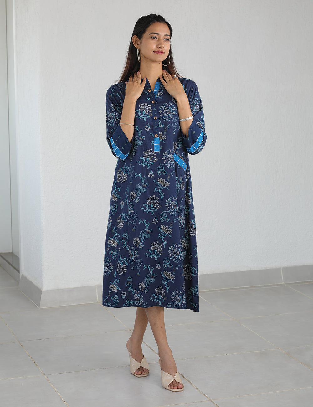 Navy Blue Rayon Printed Dress