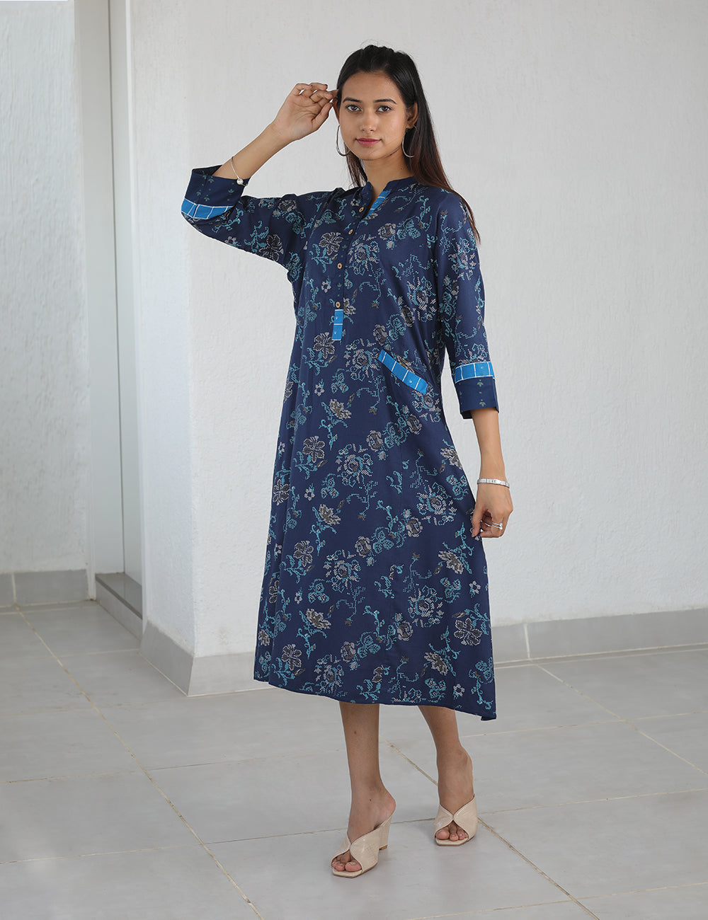 Navy Blue Rayon Printed Dress