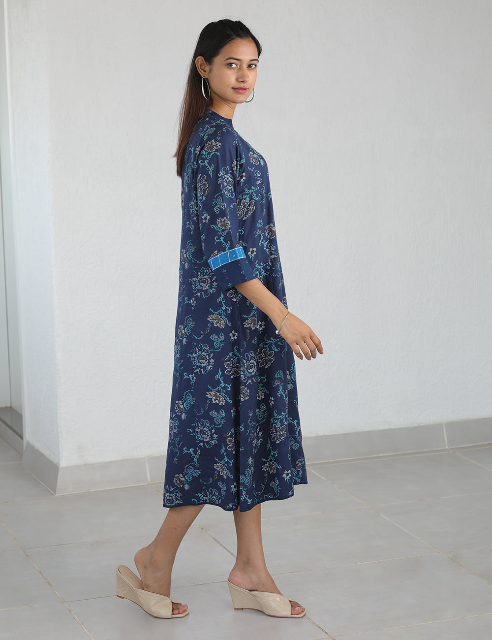 Navy Blue Rayon Printed Dress