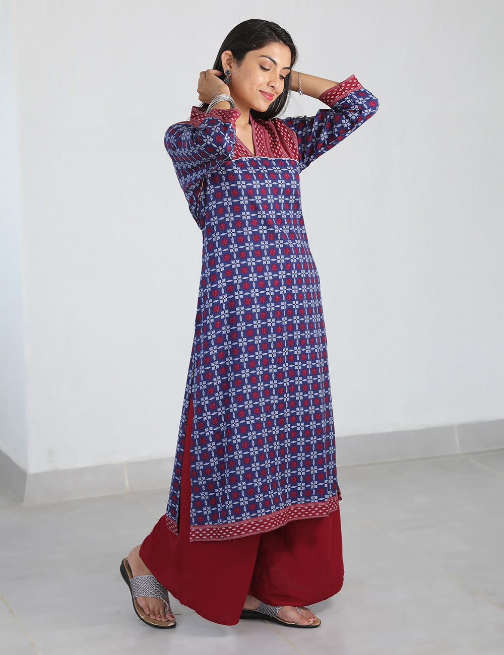 Navy Maroon Dual Printed Long Kurta